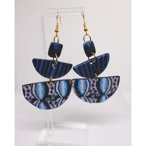 Indigo Mud Cloth Polymer Clay Statement Earrings, Boho Art Dangle, Artisan